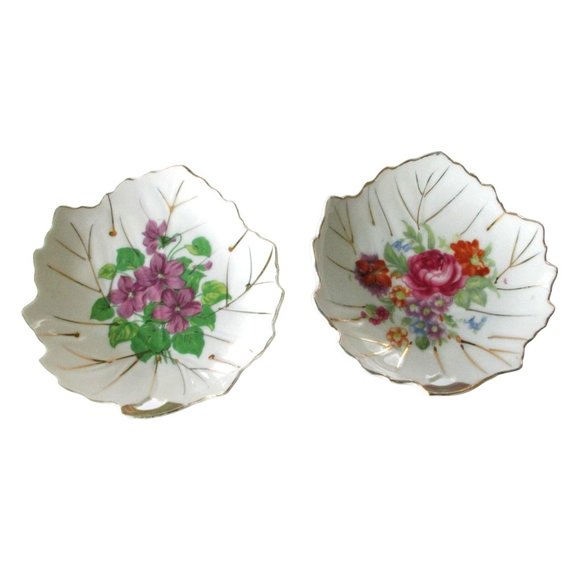 Vintage Leaf Trinket Dishes Rose Bouquet & Violets Cottagecore Decor - Picture 1 of 8